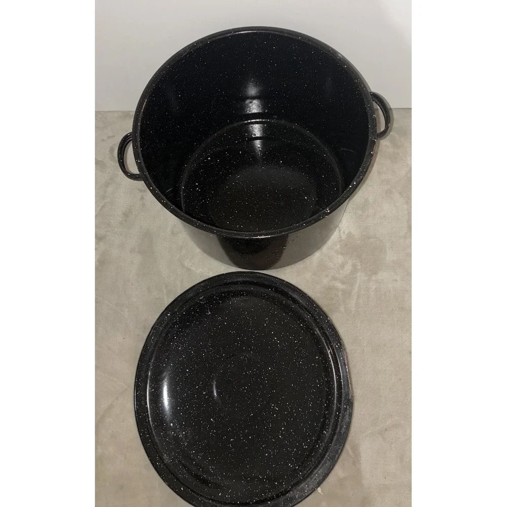 Enamelware Black Speckled Canning Stock Pot With Lid 11x8